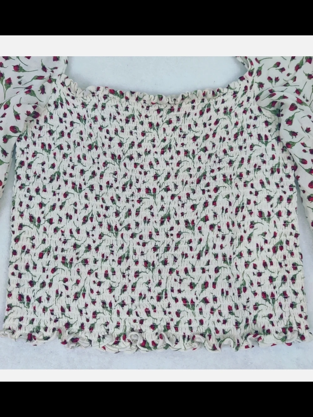 Reformation Cream Smocked Crop Top with Pink Floral Tulip Print - Picture 2 of 6